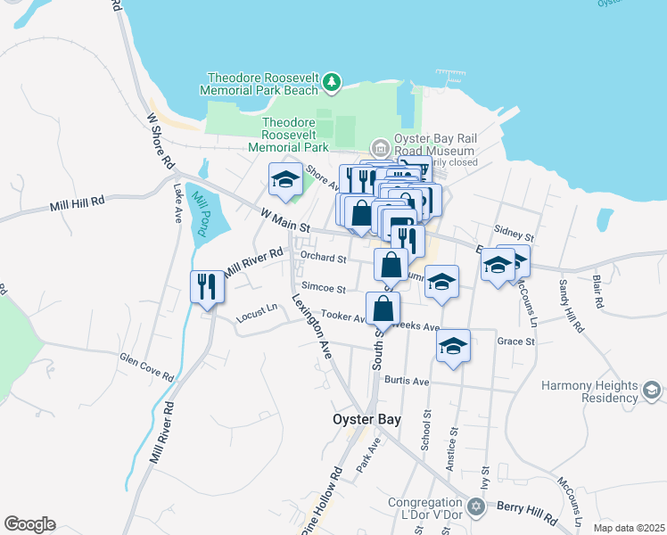 map of restaurants, bars, coffee shops, grocery stores, and more near 94 Simcoe Street in Oyster Bay