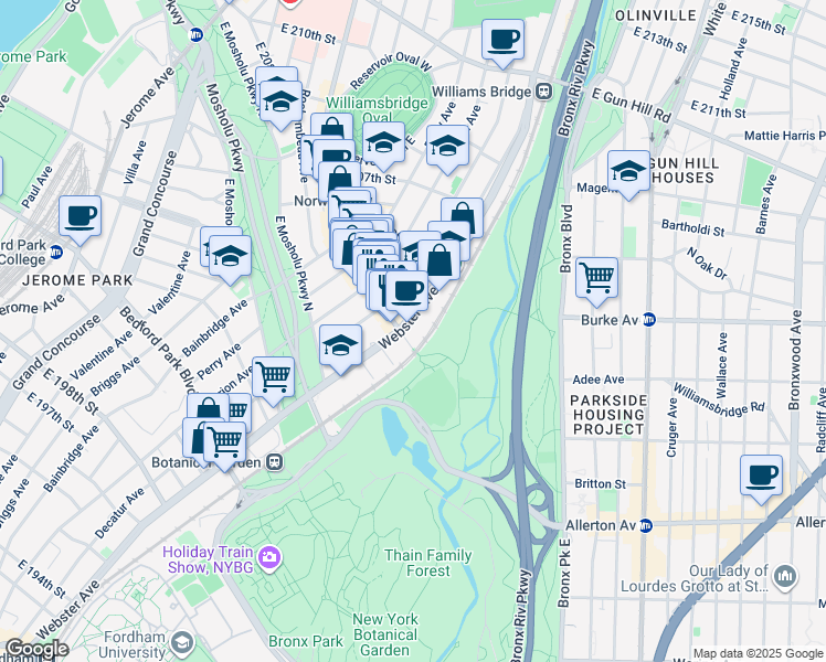 map of restaurants, bars, coffee shops, grocery stores, and more near in Bronx