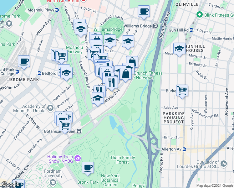 map of restaurants, bars, coffee shops, grocery stores, and more near in Bronx