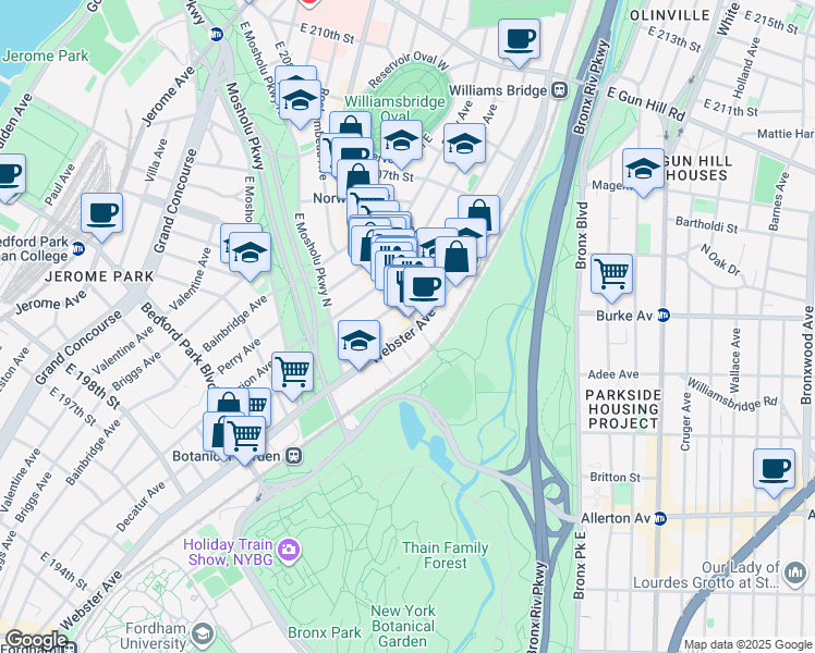 map of restaurants, bars, coffee shops, grocery stores, and more near in Bronx