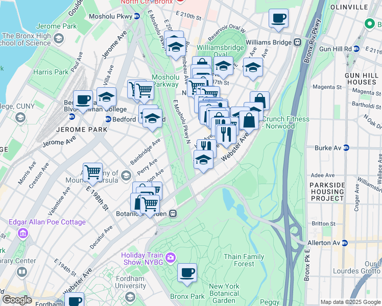 map of restaurants, bars, coffee shops, grocery stores, and more near 3044 Decatur Avenue in Bronx