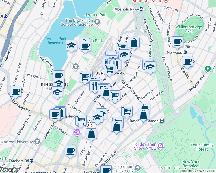 map of restaurants, bars, coffee shops, grocery stores, and more near 2870 Grand Concourse in Bronx