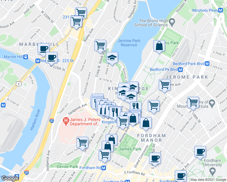 map of restaurants, bars, coffee shops, grocery stores, and more near 2766 University Avenue in Bronx