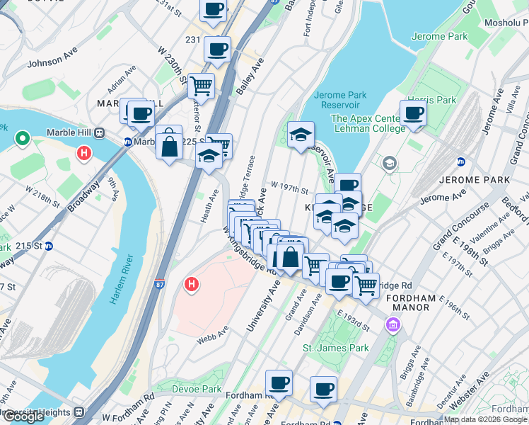 map of restaurants, bars, coffee shops, grocery stores, and more near 151 West 195th Street in Bronx