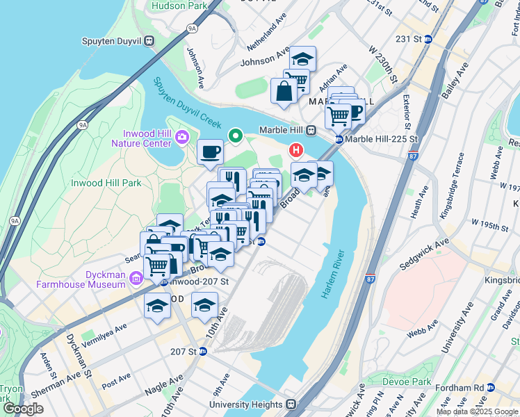 map of restaurants, bars, coffee shops, grocery stores, and more near 5065 Broadway in New York