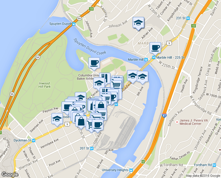 map of restaurants, bars, coffee shops, grocery stores, and more near 5065 Broadway in New York