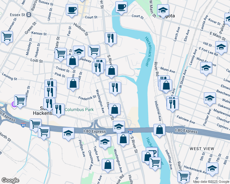 map of restaurants, bars, coffee shops, grocery stores, and more near 246 Maiden Lane in Hackensack
