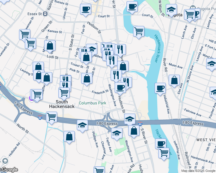 map of restaurants, bars, coffee shops, grocery stores, and more near 247B Jackson Avenue in Hackensack