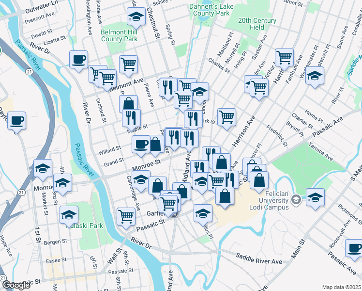 map of restaurants, bars, coffee shops, grocery stores, and more near in Garfield