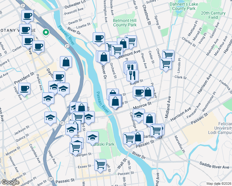 map of restaurants, bars, coffee shops, grocery stores, and more near 12 Willard Street in Garfield
