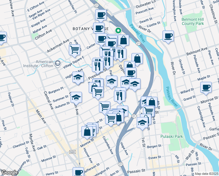 map of restaurants, bars, coffee shops, grocery stores, and more near 16 Sherman Street in Passaic