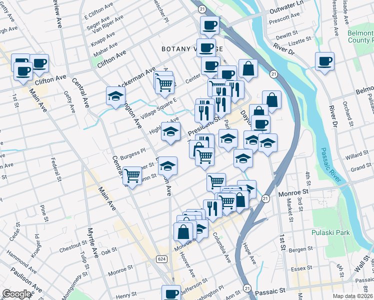 map of restaurants, bars, coffee shops, grocery stores, and more near 209 Hope Avenue in Passaic