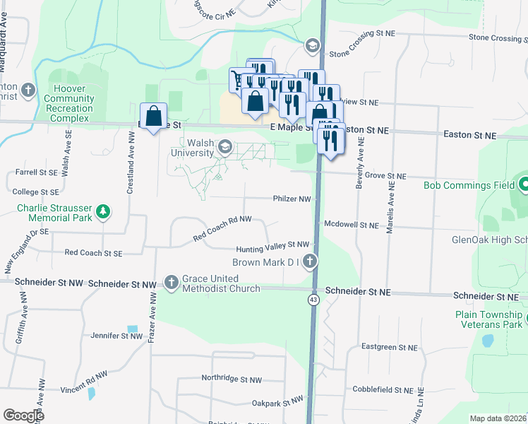 map of restaurants, bars, coffee shops, grocery stores, and more near 2110 Red Coach Road Northwest in North Canton