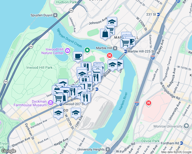 map of restaurants, bars, coffee shops, grocery stores, and more near 98 Park Terrace East in New York