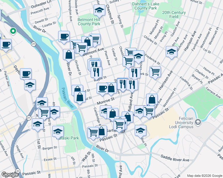 map of restaurants, bars, coffee shops, grocery stores, and more near 106 Grand Street in Garfield