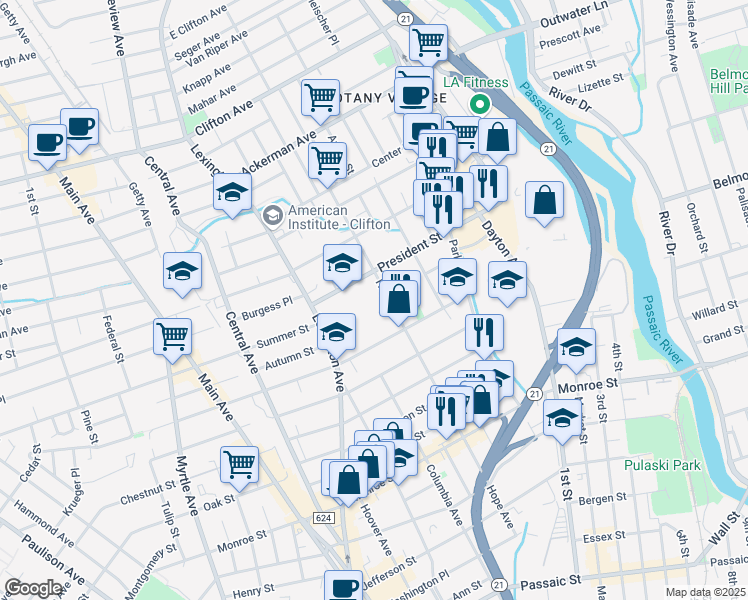 map of restaurants, bars, coffee shops, grocery stores, and more near 209 Hope Avenue in Passaic