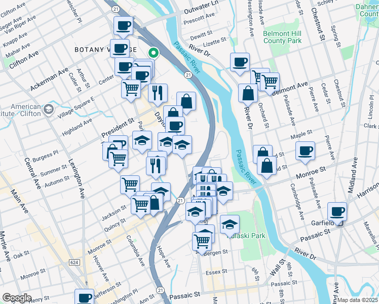 map of restaurants, bars, coffee shops, grocery stores, and more near 30 Mattimore Street in Passaic