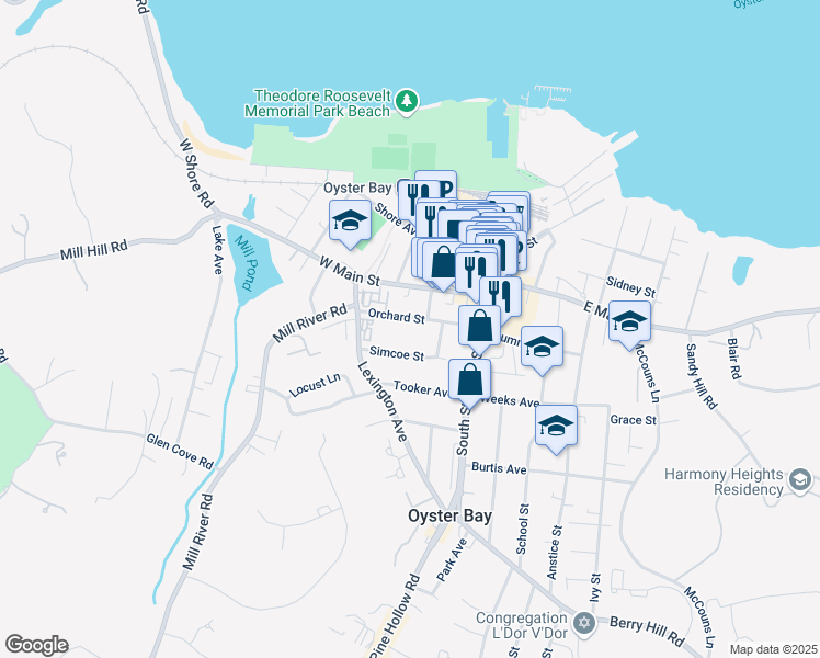map of restaurants, bars, coffee shops, grocery stores, and more near 94 Simcoe Street in Oyster Bay
