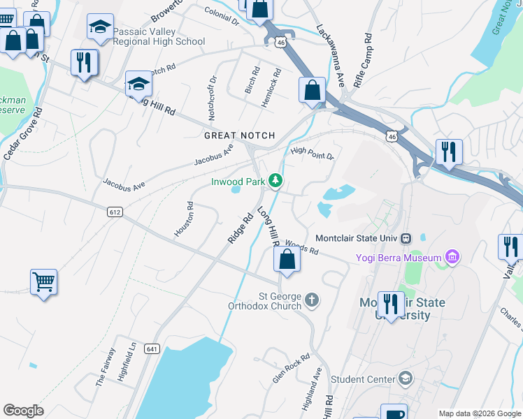 map of restaurants, bars, coffee shops, grocery stores, and more near 3 Ridge Road in Little Falls