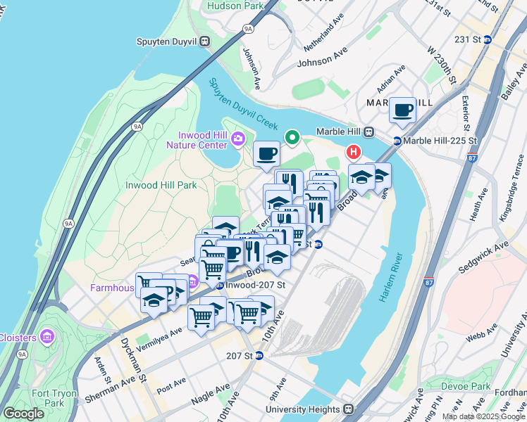 map of restaurants, bars, coffee shops, grocery stores, and more near 235 Seaman Avenue in New York