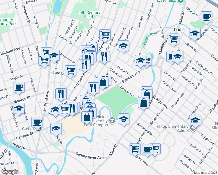map of restaurants, bars, coffee shops, grocery stores, and more near 329 Passaic Avenue in Lodi