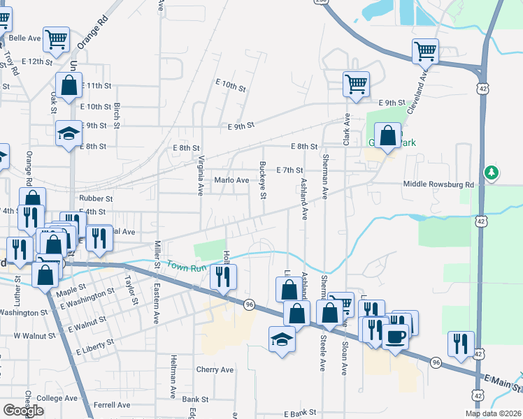map of restaurants, bars, coffee shops, grocery stores, and more near 631 Cleveland Avenue in Ashland