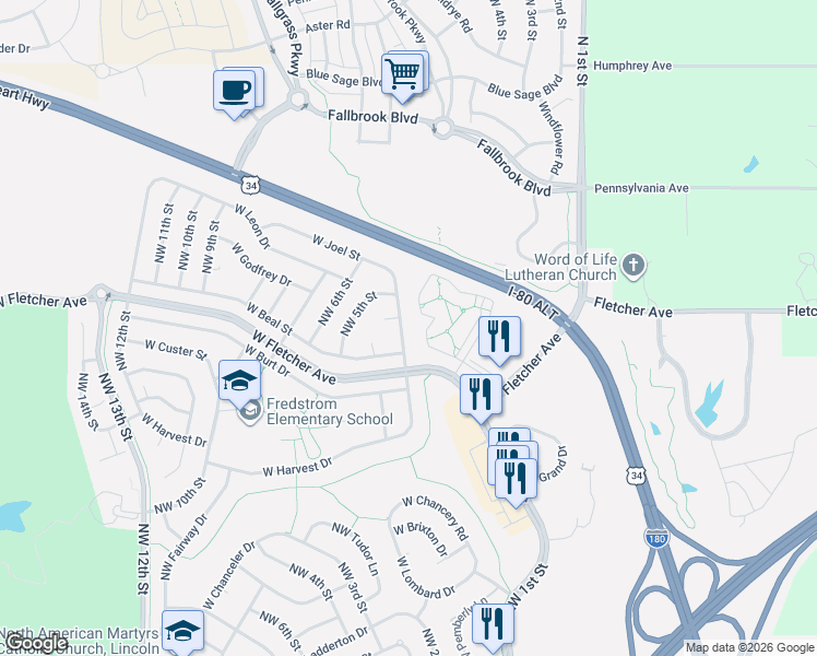 map of restaurants, bars, coffee shops, grocery stores, and more near 400 West Beal Street in Lincoln