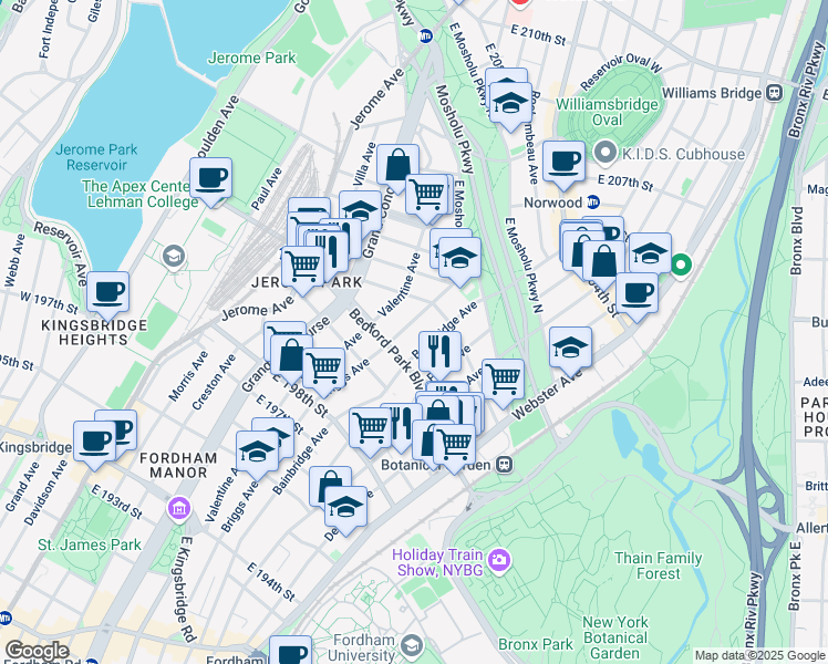 map of restaurants, bars, coffee shops, grocery stores, and more near in The Bronx