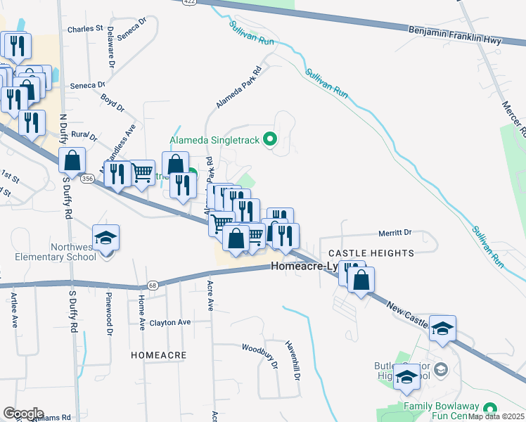 map of restaurants, bars, coffee shops, grocery stores, and more near 207 Sunrise Village Court in Butler