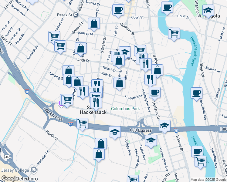 map of restaurants, bars, coffee shops, grocery stores, and more near 209 South Main Street in Hackensack