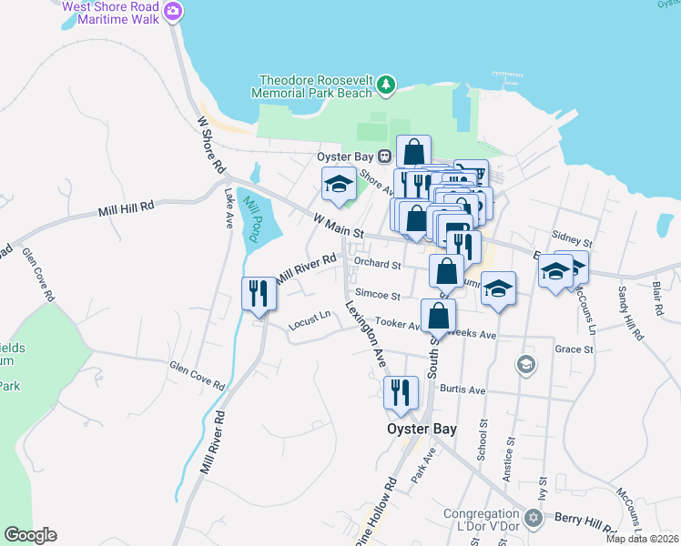 map of restaurants, bars, coffee shops, grocery stores, and more near 1 Anchorage Lane in Oyster Bay