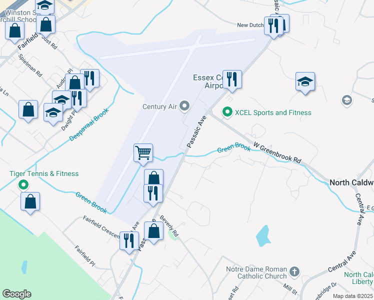 map of restaurants, bars, coffee shops, grocery stores, and more near 100 Passaic Avenue in Fairfield