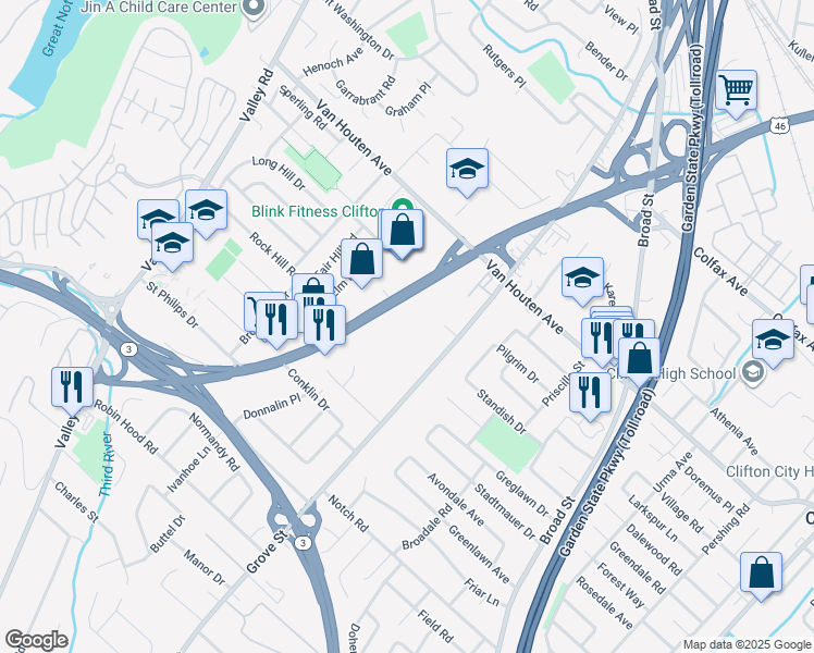 map of restaurants, bars, coffee shops, grocery stores, and more near 1037 U.S. 46 in Clifton