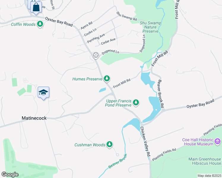 map of restaurants, bars, coffee shops, grocery stores, and more near 388 Oyster Bay Road in Matinecock