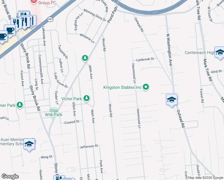 map of restaurants, bars, coffee shops, grocery stores, and more near 133 Wood Road in Centereach