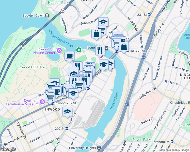 map of restaurants, bars, coffee shops, grocery stores, and more near Broadway & W 218th St in New York
