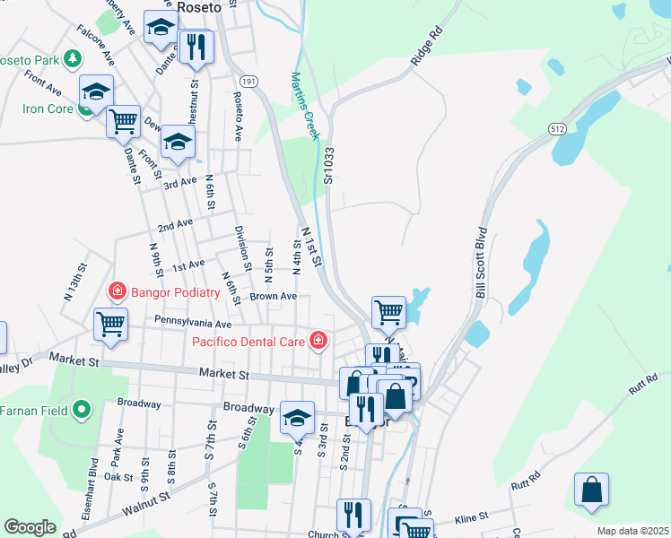 map of restaurants, bars, coffee shops, grocery stores, and more near 302 North Main Street in Bangor