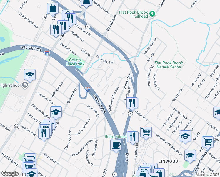 map of restaurants, bars, coffee shops, grocery stores, and more near 593 Ridgeland Terrace in Englewood