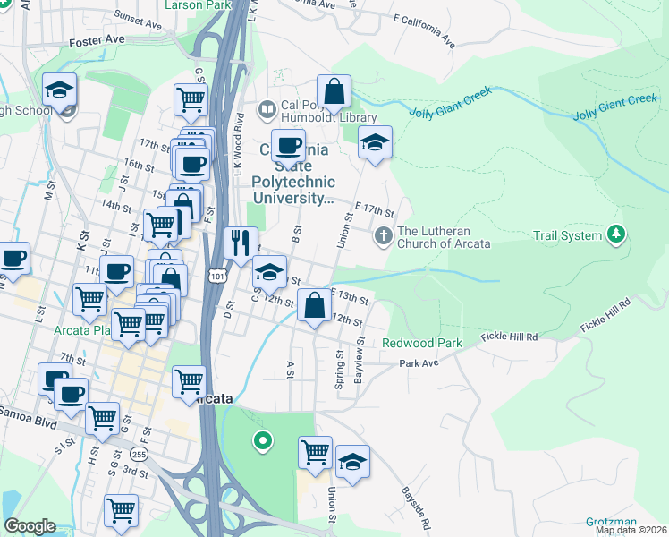 map of restaurants, bars, coffee shops, grocery stores, and more near Union St & 14th St in Arcata