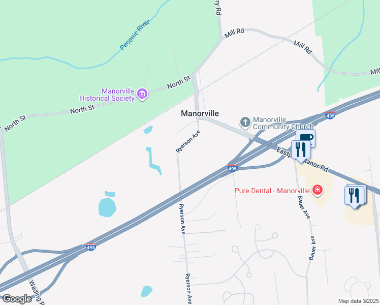 map of restaurants, bars, coffee shops, grocery stores, and more near 45 Ryerson Avenue in Manorville