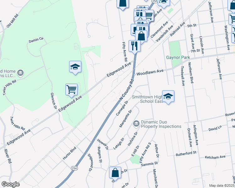 map of restaurants, bars, coffee shops, grocery stores, and more near 1 East Hill Gate in Smithtown
