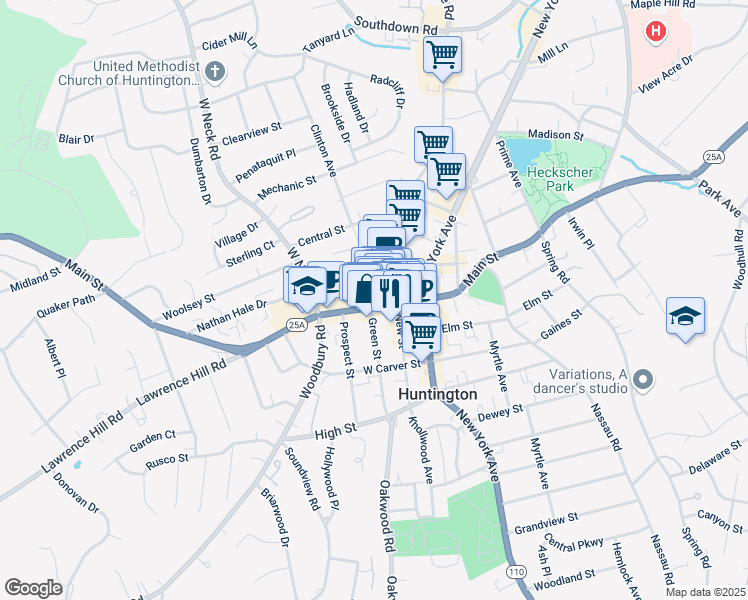 map of restaurants, bars, coffee shops, grocery stores, and more near 304 Main Street in Huntington