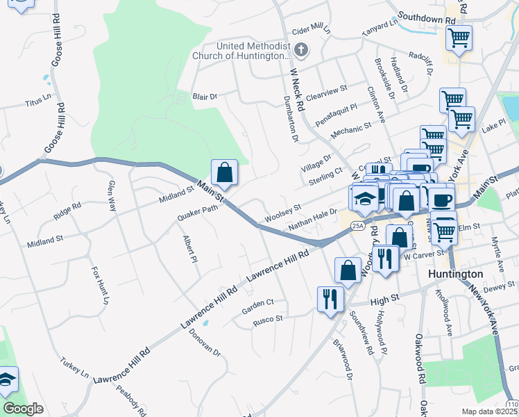 map of restaurants, bars, coffee shops, grocery stores, and more near 454 Main Street in Huntington