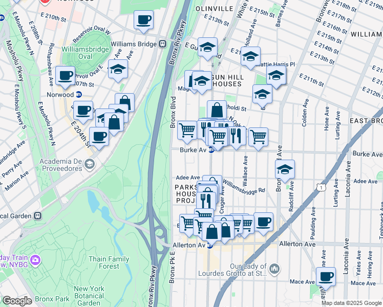 map of restaurants, bars, coffee shops, grocery stores, and more near 656 Lester Street in Bronx