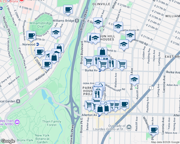 map of restaurants, bars, coffee shops, grocery stores, and more near 656 Lester Street in Bronx
