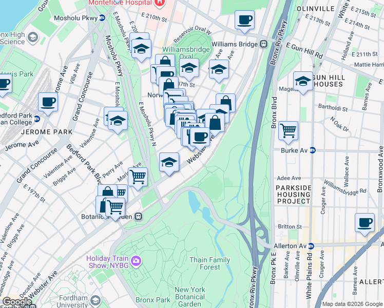 map of restaurants, bars, coffee shops, grocery stores, and more near in Bronx