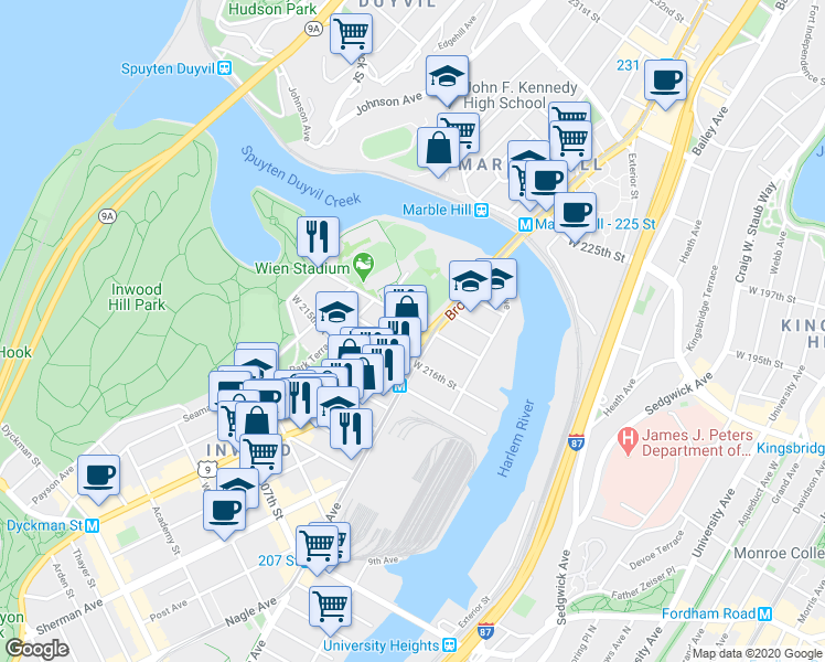 map of restaurants, bars, coffee shops, grocery stores, and more near 5065 Broadway in New York