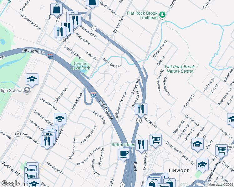 map of restaurants, bars, coffee shops, grocery stores, and more near 593 Ridgeland Terrace in Englewood
