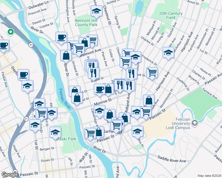 map of restaurants, bars, coffee shops, grocery stores, and more near 106 Grand Street in Garfield