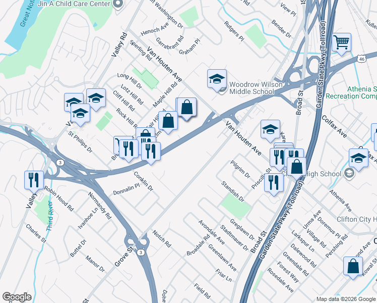 map of restaurants, bars, coffee shops, grocery stores, and more near 1037 U.S. 46 in Clifton